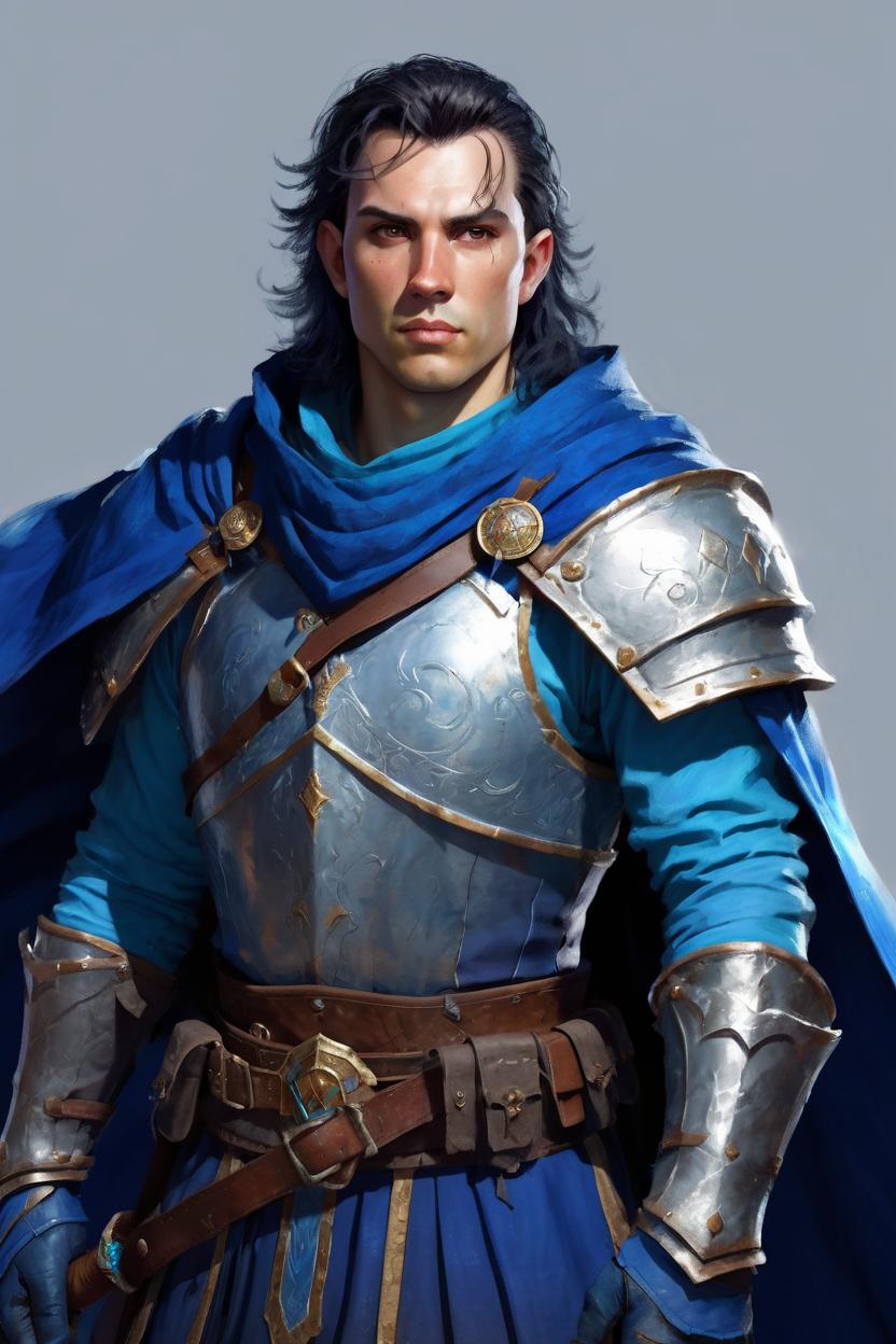 Artificial Intelligence (AI) generated image art, man, as a d&d fantasy paladin with blue cloakd and mid lenght hair