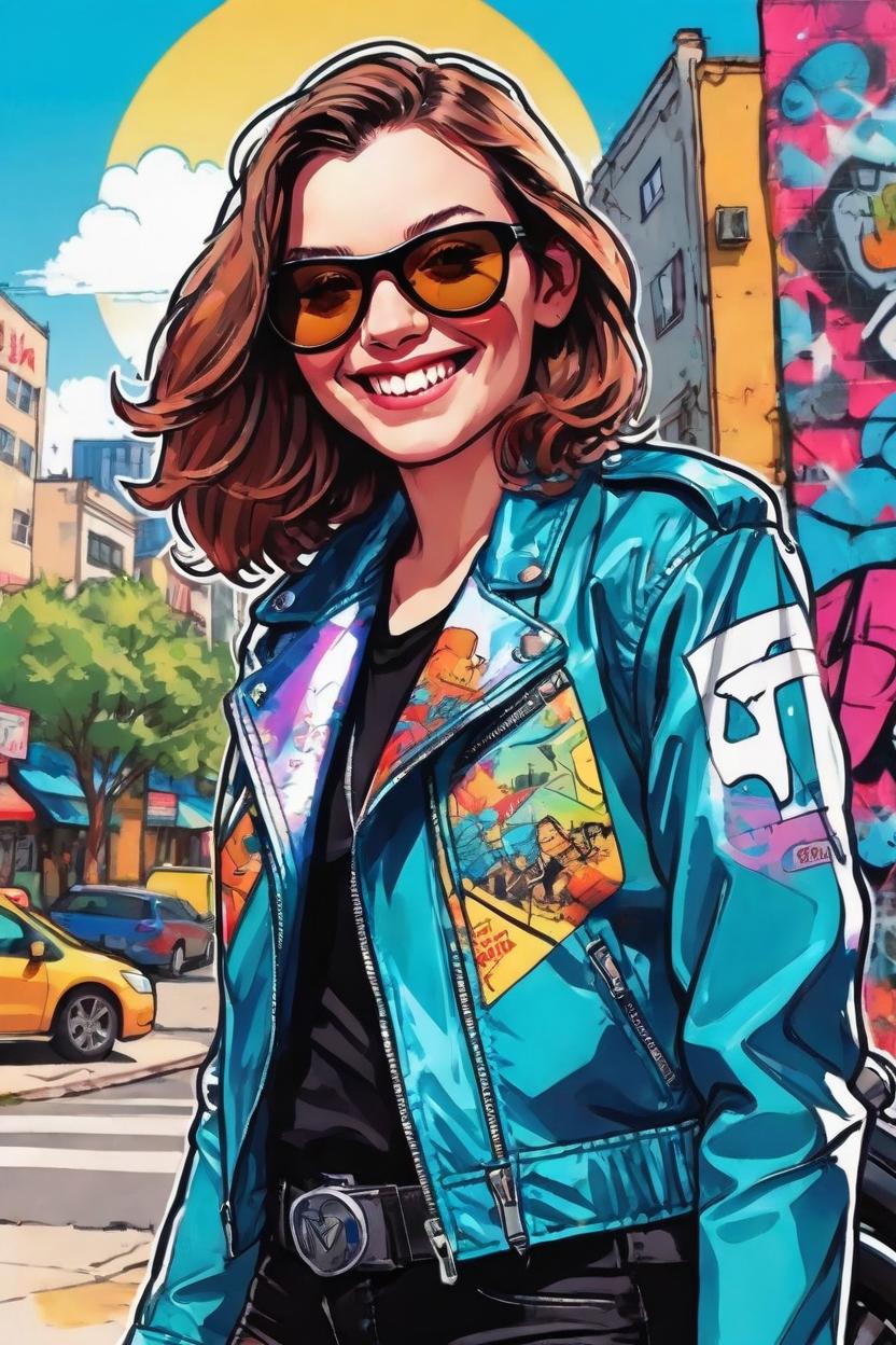 Artificial Intelligence (AI) generated image art, woman, cartoon, motorcycle jacket, sunglasses, smiling, flirty, (moebius comic book style), portrait, graffiti city landscape, illustration, comics, bright colors