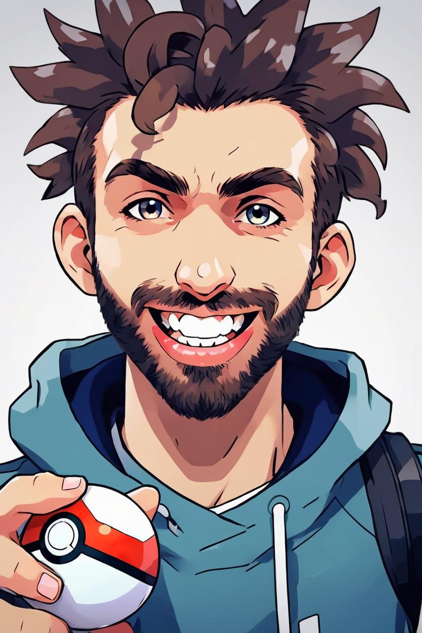 Artificial Intelligence (AI) generated image art, man, as Brock from the anime Pokemon, ((anime art)), ((in style of Pokemon anime)), ((2D art)), holding a pokeball, looking excited