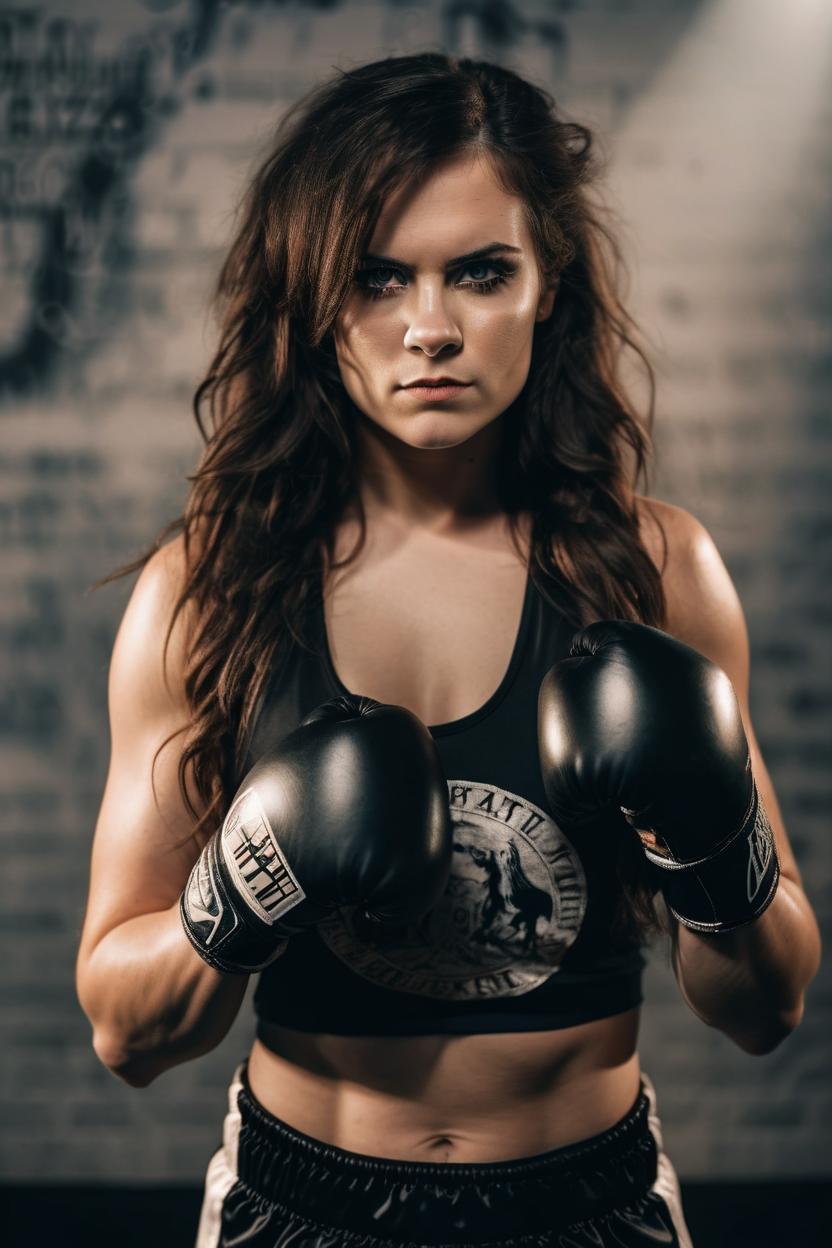 Artificial Intelligence (AI) generated image art, woman as a beautiful female, portrait, as a strong and fit female boxer, wearing boxing gloves, inspired by the rocky movies, ((dark moody)) boxing ring in background, petite female figure, beautiful young woman, confident demeanor, wearing women's sports bra, beautiful portrait, photography by amy leibowitz and filip fedorov, dramatic lighting, close up portrait, cinematic still, film still, magic hour, long exposure, hazel eyes, brunette hair, cinematic lighting, " ((album cover art style)), Henry Diltz music photography, grunge, petite female figure, smokey eye makeup, long hair ,