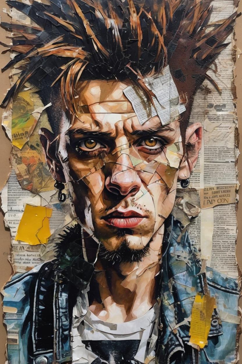 Artificial Intelligence (AI) generated image art, man, detailed analogue mixed media collage with canvas texture in style of contemporary art, punk art, hyperrealistic punk with hazel brown eyes, tortured poet, photorealistic, expressionism, masterpiece, perfect composition, spectacular quality, intricate oil details, vivid broken glass, torn paper, magazine pages