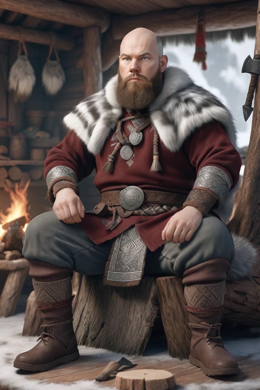 Artificial Intelligence (AI) generated image art, man, as a photorealistic image of a bald Viking sitting on a log stump inside a Viking-style dwelling, wearing on top a gray wolf fur cape on the shoulders, a burgundy tunic decorated with Nordic tribal patterns, dark pants, and a belt with a decorated Norse axe attached to it, also has leather bracers adorned with Nordic runes, the environment is illuminated by the light of a central fire, and the Viking gazes into the flames with a foward contemplative expression, all the enviroment in dark colors and strong contrasts to create an intense atmosphere