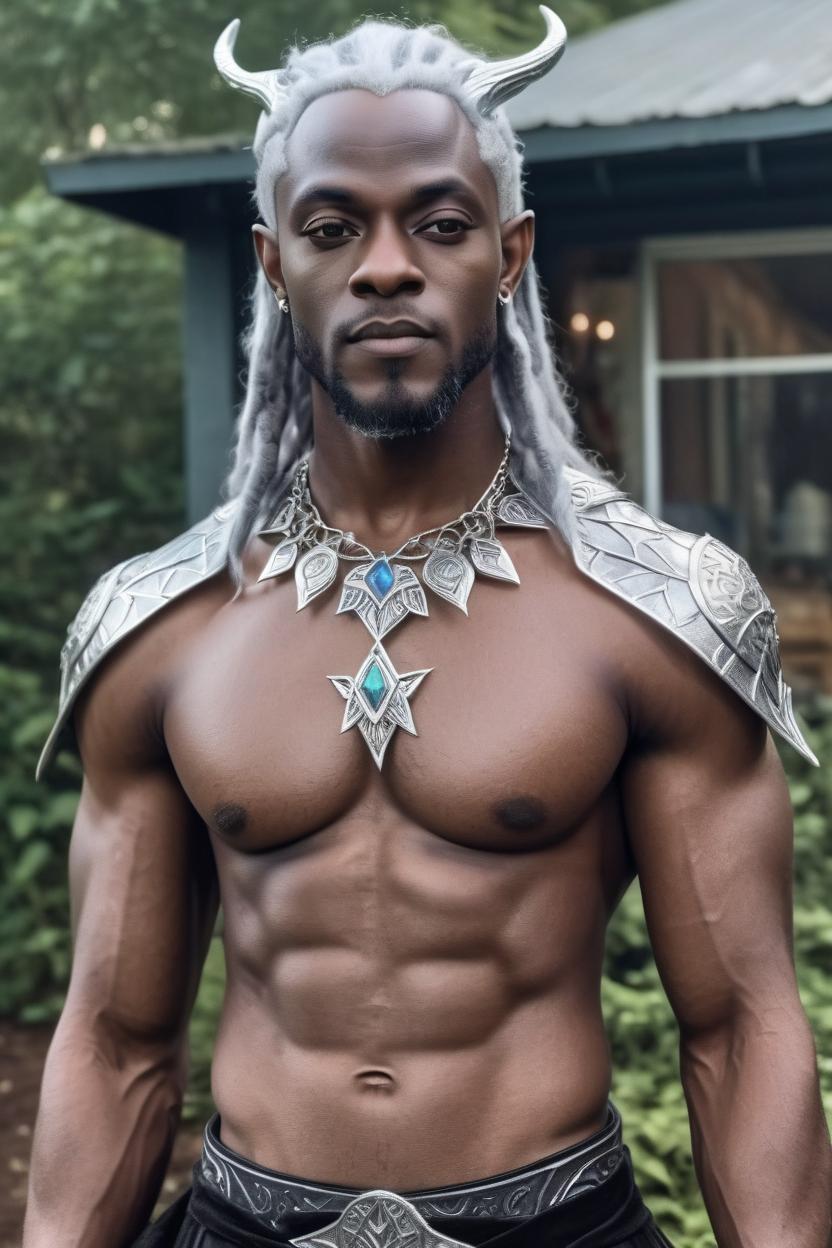 Artificial Intelligence (AI) generated image art, man, "Create a full-body image of a dark elf wearing an elven-style outfit, featuring a crop top (that covers half of my upperbody) that reveals half of my abs. The costume includes intricate, fantasy-inspired designs with long pointy ears, elegant jewelry, and a delicate crown. The dark elf’s silver hair flows down, and their look exudes both power and grace."
