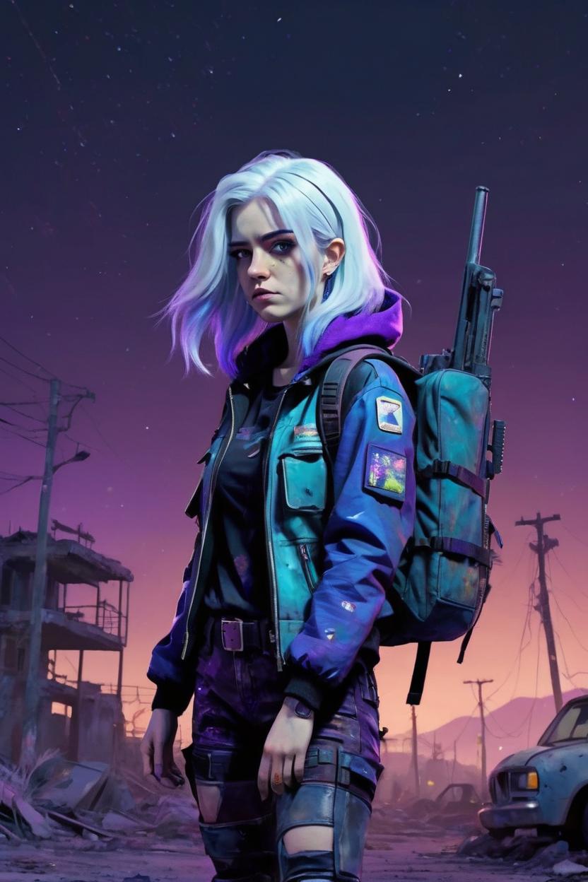 Artificial Intelligence (AI) generated image art, woman, Cartoon art style, blues and purples in a post apocalyptic world, night time, white hair medium length, backpack and jacket and gun and boots