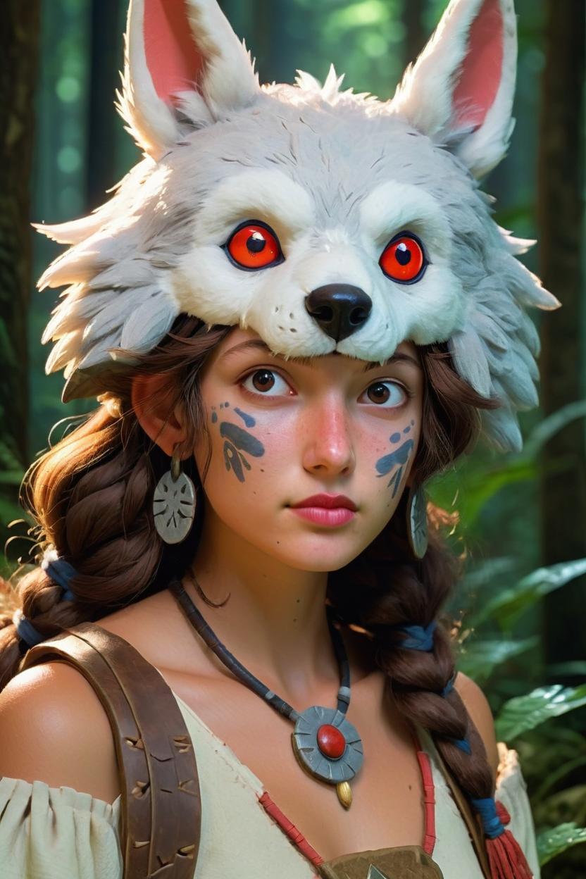 Artificial Intelligence (AI) generated image art, woman, as princess mononoke, animated, immersive realism, Mayazakis style, 2d, animated fantasy