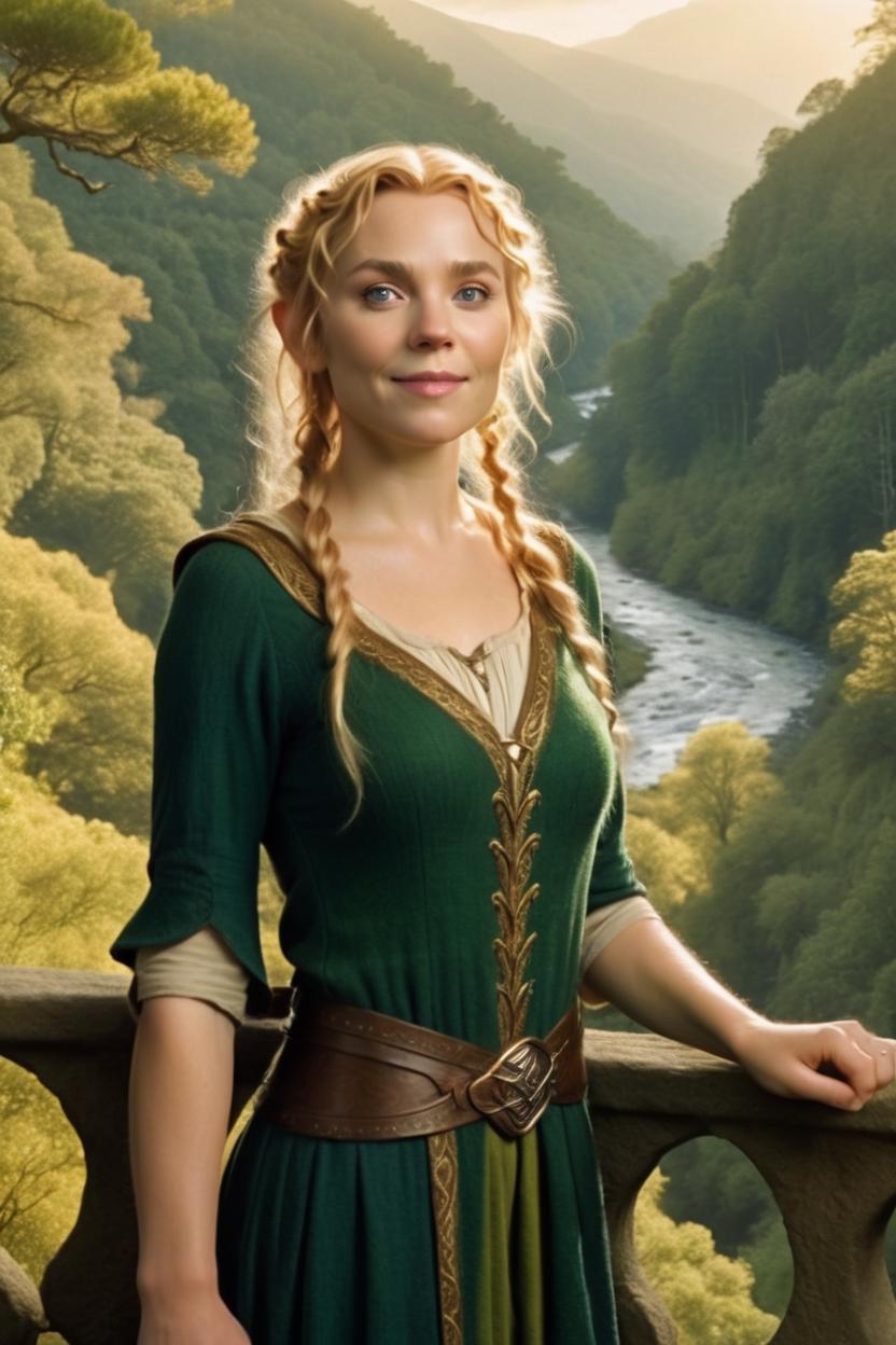 Artificial Intelligence (AI) generated image art, woman, as a blonde haired elf in the style of the elves of Rivendell from the Lord of the Rings by Peter Jackson. Full body, standing on the balcony, over a breathtaking forest in a valley that has a river running through it, in the distance. Beautiful soft golden light, everything appears to be faintly glowing.