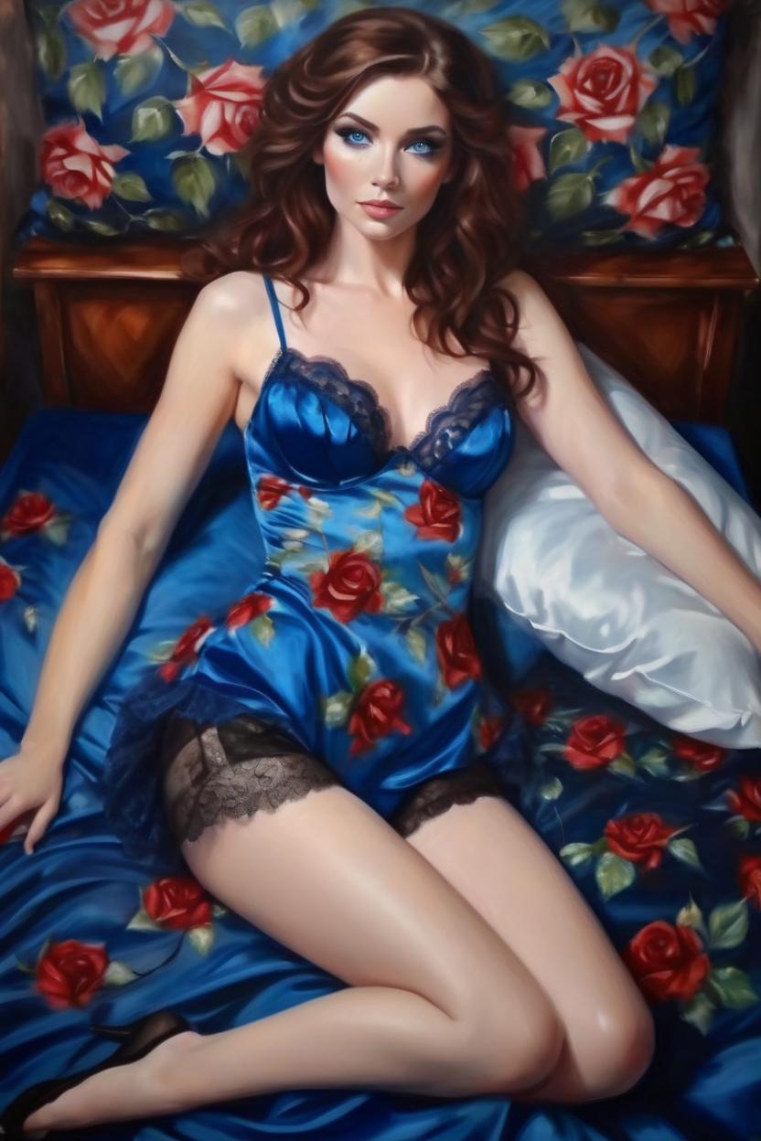 Artificial Intelligence (AI) generated image art, woman, full body painting of a beautiful attractive woman lying on a bed surrounded by rose leaves, brunette hair spread across the pillow, beautiful blue eyes, wearing Judith van Herck style lingerie, painting in the style of Thomas Saliot ‘Lingerie Girl’, oil on canvas, seductive, gallery style masterpiece, realistic portrait of woman, cute, real life, Likeness to real person woman