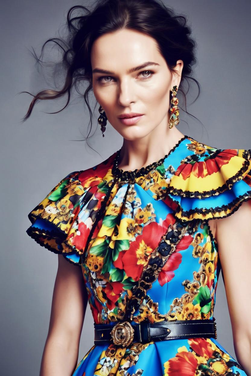 Artificial Intelligence (AI) generated image art, woman, Dolce & Gabbana, Richard Avedon style, Compose a fashion editorial featuring a vibrant high-low dress with a Canon EOS-1D X Mark III, taking advantage of its fast burst rate and advanced autofocus system, detailed face, ultra realism