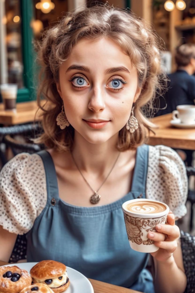 Artificial Intelligence (AI) generated image art, woman, young, 21, cute girl, big eyes, feminine, intricate detail, wide angle, ultra detailed, instagram model, 4k, photo, morning brunch at a cafe with coffee and pastries, wearing a simple scoop neck top, photorealistic, classic style
