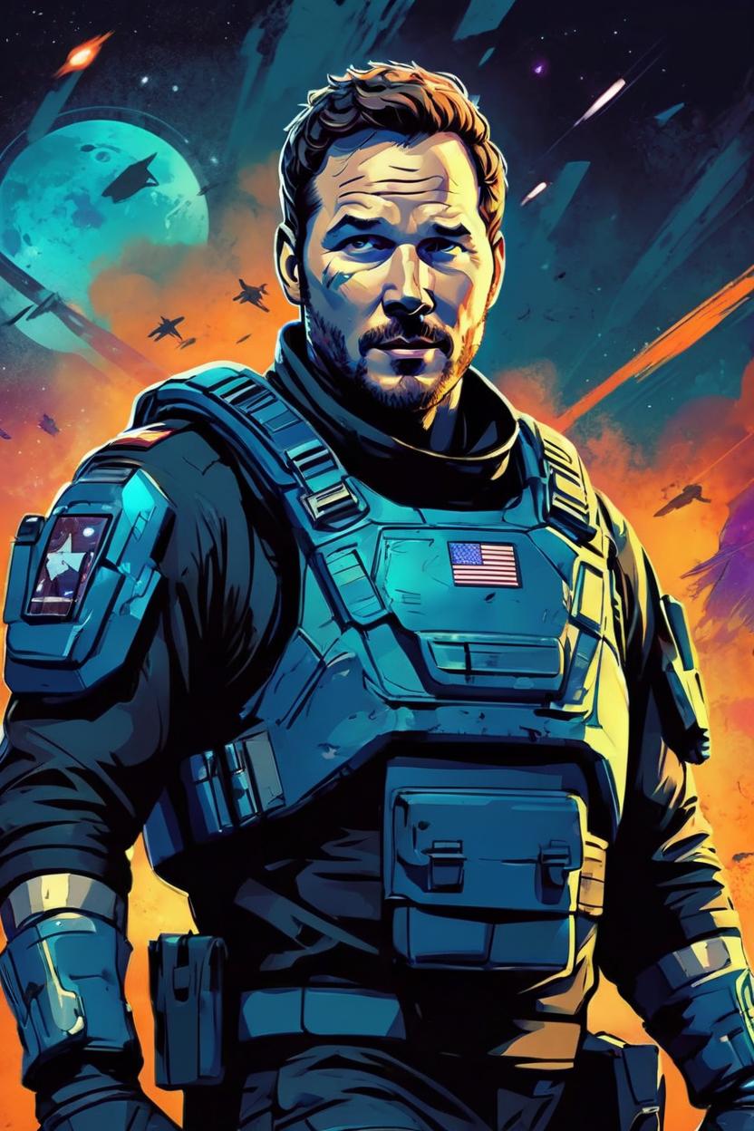 Artificial Intelligence (AI) generated image art, man, as futuristic special operations soldier, epic art by greg rutkowski, in space, grimdark, stylized colors, intense expression, stalking prey
