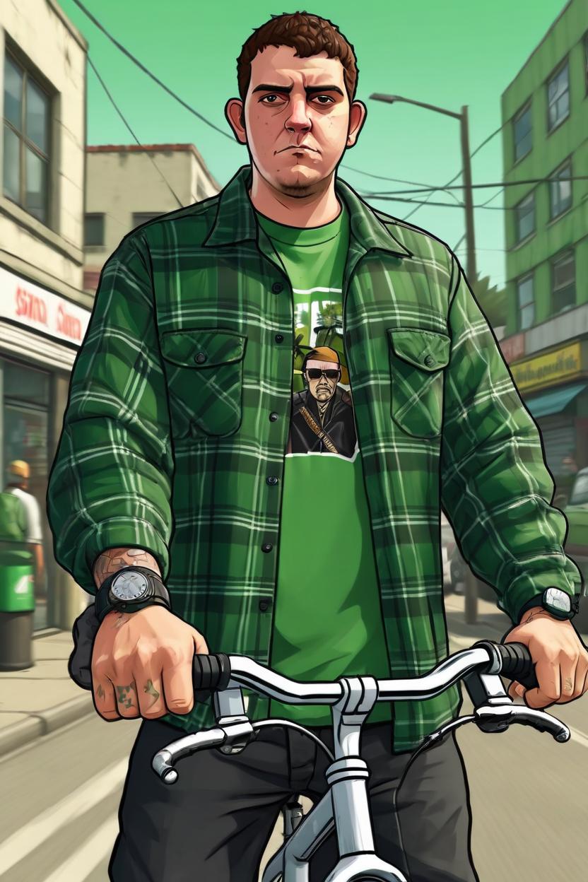 Artificial Intelligence (AI) generated image art, man, on a GTA San Andreas artwork, 2D digital art style, GTA art, as an angry gangster, dressed in oversize green plaid button-down shirt, riding on a BMX bike, holding the bike\'s handlebar with one hand, in the other hand holding a gun