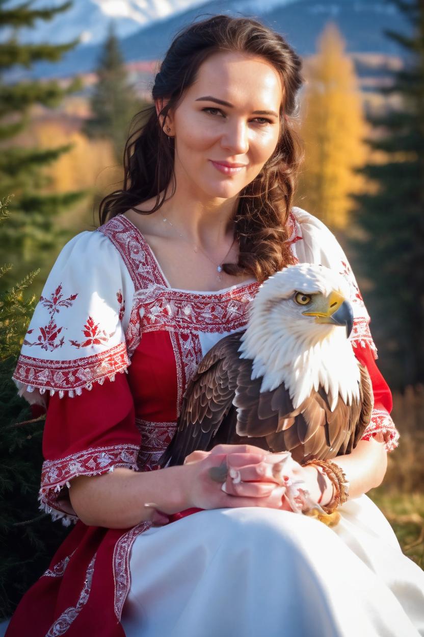 Artificial Intelligence (AI) generated image art, woman, as a 25 year old young and beautiful woman with a huge majestic Eagle sitting on her arm, wearing a beautiful traditional red and white Polish dress with a light angelic aura around her. In the background are visible beautiful tall trees, farmlands and a snow-capped mountain. Style is photorealistic.