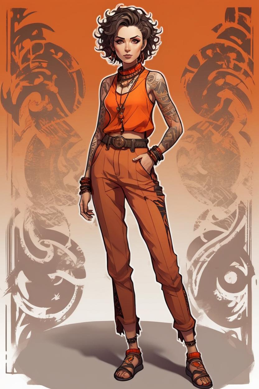 Artificial Intelligence (AI) generated image art, woman, full body view, head to toe, niji style, a stunning female femme fatale with short wavy hair, trendy clothing, orange color scheme, slender, toned body, tribal tattoos, sultry facial expression, urbancore , white and bronze, comics style, anime style
