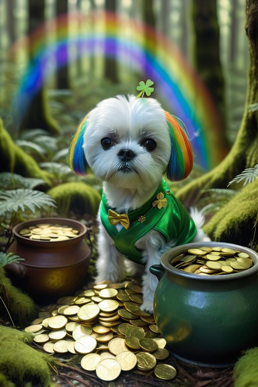 Artificial Intelligence (AI) generated image art, dog dressed up for St.Patrick’s in a magical mossy forest protecting her pot of shiny gold coins with a rainbow shooting out of the pot of gold coins