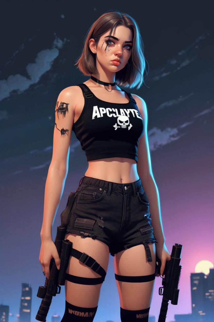 Artificial Intelligence (AI) generated image art, woman, apocalypse, nighttime, hot body, full body view, thick, wearing black crop tank top, black shorts, straps, guns, 3D style art, cartoon style art, cute, innocent