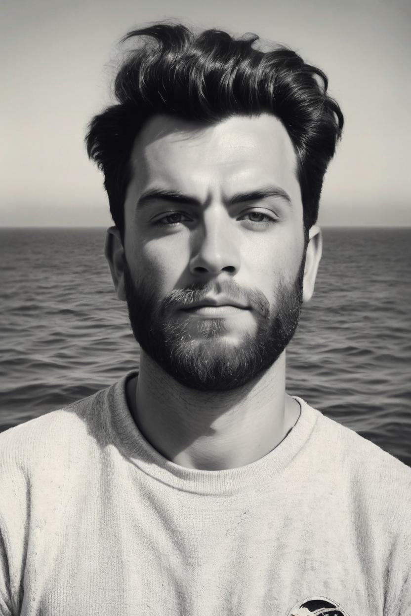 Artificial Intelligence (AI) generated image art, photo of man, b&w, 1900 photograph, vintage, portrait, photorealistic, sea in background, art by artgerm, contrast