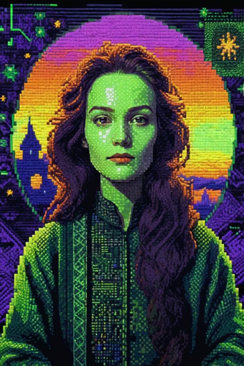 Artificial Intelligence (AI) generated image art, portrait of woman, as a wizard, in a green hightech computer room, halftone dot, in the style of conceptual embroideries, bernie wrightson, pixelart, digitally enhanced, albert pinkham ryder, in the style of embroidery, retro video game pixel graphics, stitched, jim burns, cinestill 50d, detail, gilbert williams, pixel art, purple sunset, stars in sky,woman's exact facial features, woman's exact facial shape, woman's exact skin color & shade, brown eyes