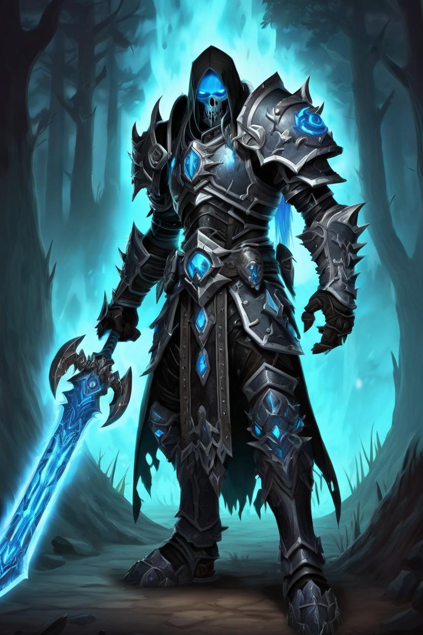 Artificial Intelligence (AI) generated image art, man, world of warcraft death knight, shining blue eyes, wielding dual runeblades, black death knight armor, olive skin tone, world of warcraft style art