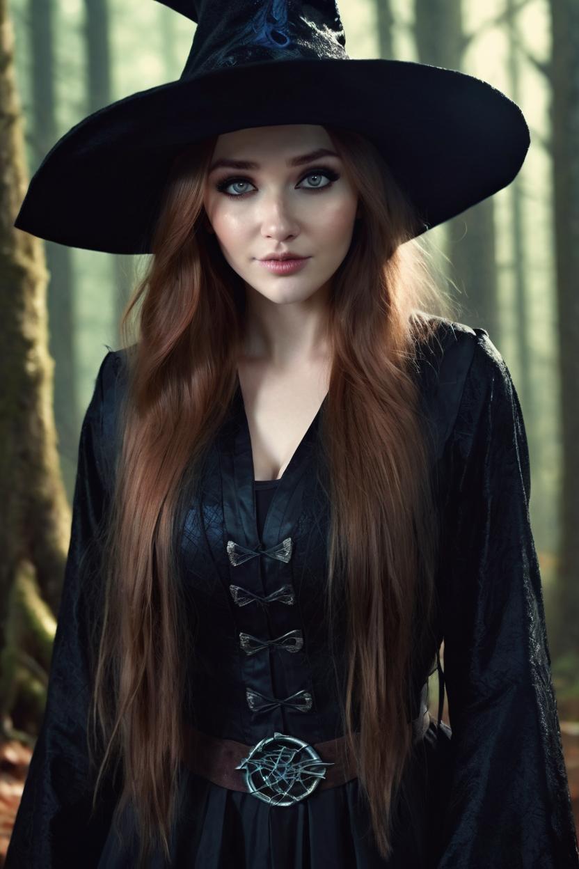 Artificial Intelligence (AI) generated image art, woman, ((portrait)), fantasy wood witch, (tall black pointy hat, pale skin)), ((fantasy ranger)), long auburn wavy hair, facing front, (art by Greg Rutkowski), highly detailed, sharp focus, 4k, ((in a forest)), (((magic glow)))