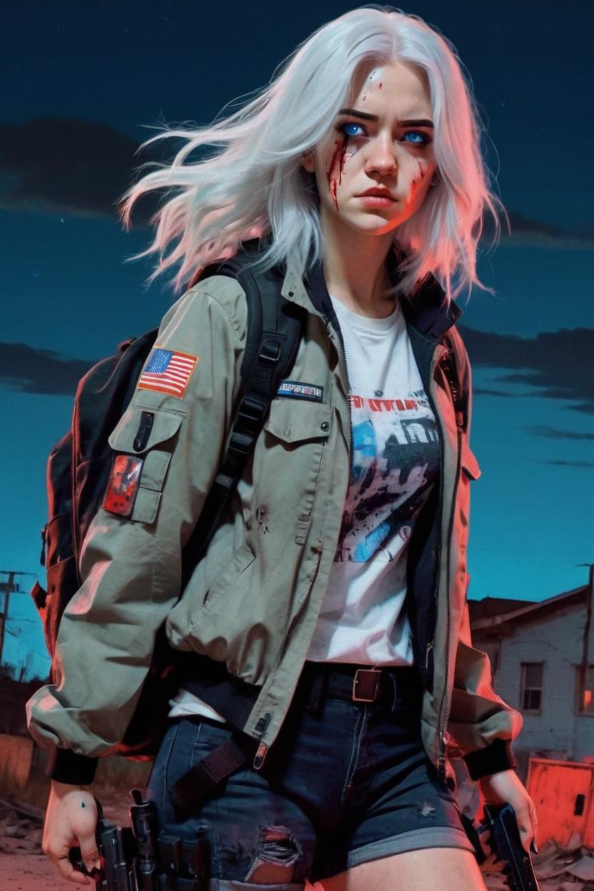 Artificial Intelligence (AI) generated image art, woman, apocalypse, night time, medium length hair, white hair, jacket and backpack with military boots, carrying a gun, womanly figure, cuts and bruises on face, red and black colors in the background, comic art style, blue eyes