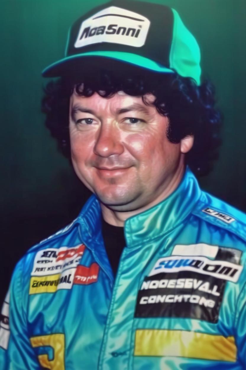Artificial Intelligence (AI) generated image art, man, is a 44 year old man , dressed in 1970s fashion clothing, he has short black curly hair under his Nascar racing hat, a metallic blue 1972 Datsun 240 z race car behind him, digital art, art by Greg Rutkowski, highly detailed, sharp focus, 4k, realistic portrait of man, colorful, vibrant colors, a dark green and black forest is behind him, cool guy