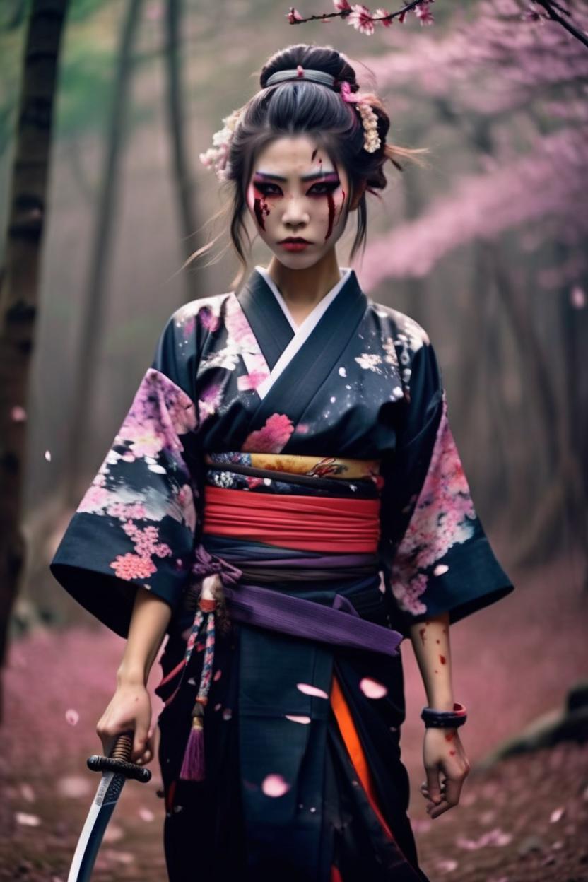 Artificial Intelligence (AI) generated image art, woman, Japanese geisha samurai, warrior wearing a traditional black ornate kimono adorned with vibrant colors and intricate patterns, the kimono is falling off and torn, her bare shoulders are showing, Her hair is down and flowing in the wind, her face paint makeup is faded, her face is covered in blood splatter and cut, accentuating her striking features, With a deadly expression, she is holding a sword, exuding elegance and grace, Side profile, looking over her shoulder, midnight in a Japanese forest, Wind is blowing sakura petals around the geisha, showing the viewer she is also an assassin, sakura flower petal, blood splatter, full body, high-quality, flawless composition, masterpiece, behance, by Marco Mazzoni, ink wash