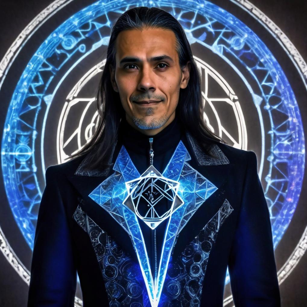 Artificial Intelligence (AI) generated image art, man, as a young handsome male quantum superhero of the Unified Field wearing a black, tailored coat with glowing blue photon threads tracing fractal patterns and A silver pendant shaped like the Triune Symbol of Father’s Mathematics (3=1), hyperrealistic, hdr, 8k, half body, with quantum suit.