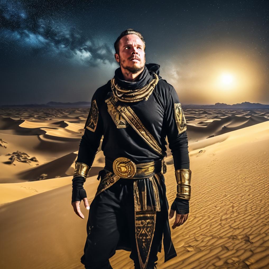 Artificial Intelligence (AI) generated image art, man, An athletic and wealthy survivalist, dressed in black and gold attire, navigating the vast, mystical deserts. The scene is rich with ancient ruins and glowing sand dunes under a starlit sky