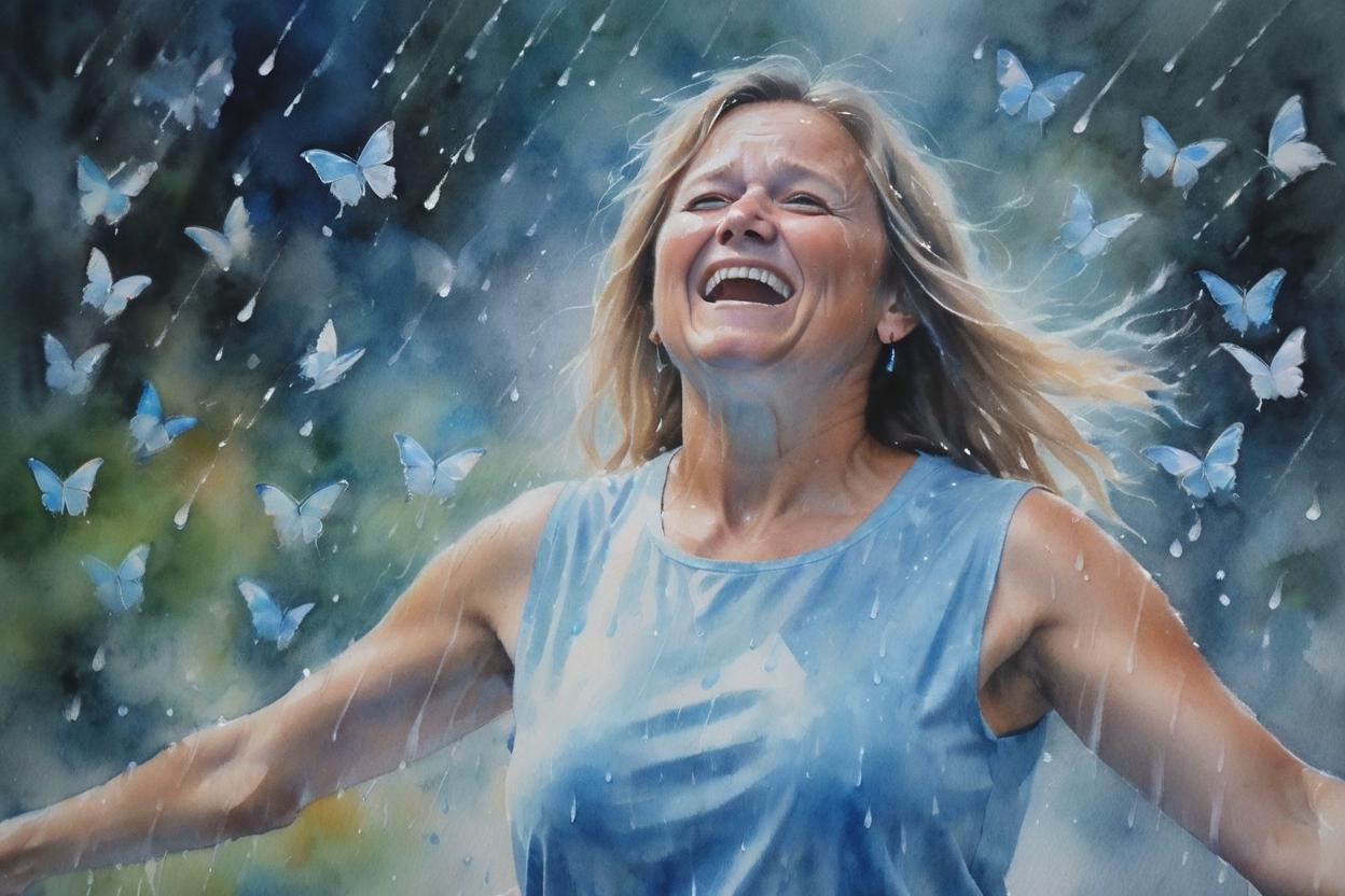 Artificial Intelligence (AI) generated image art, woman, as a beautiful, thin, young 22 yr. old woman surrounded by blue and white butterflies, dancing in the rain, pastel watercolor