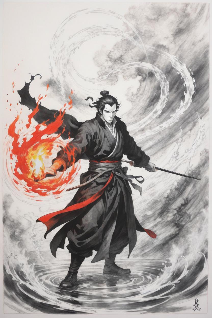 Artificial Intelligence (AI) generated image art, man, mystical mage, bending fire and water, yoji shinkawa, b&w, pencil drawing, ink, manga, concept art, black and red ink