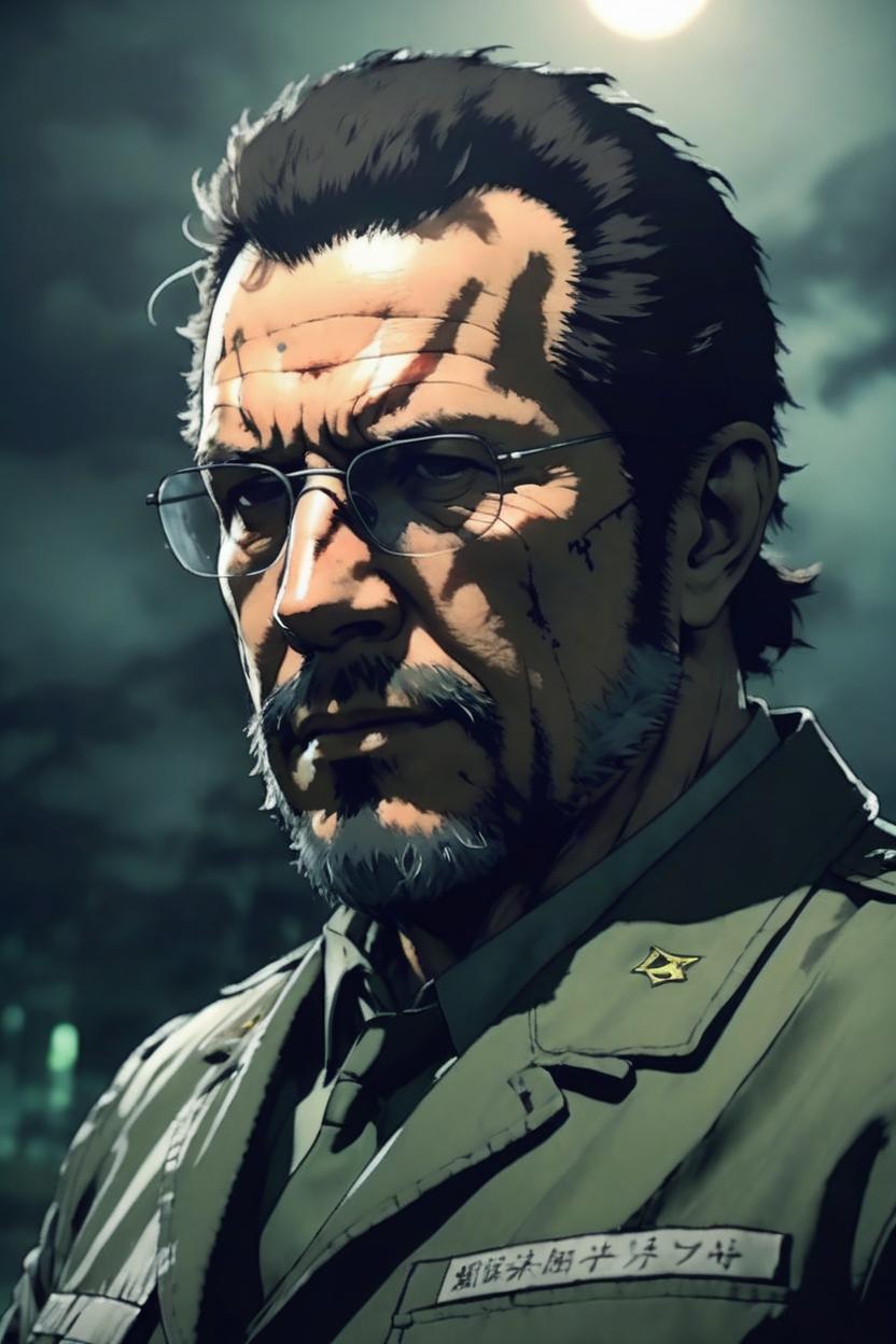 Artificial Intelligence (AI) generated image art, man as Big boss from Metal Gear Solid 3, Vietnam battlefield night time, high contrast ((yoji shinkawa style))