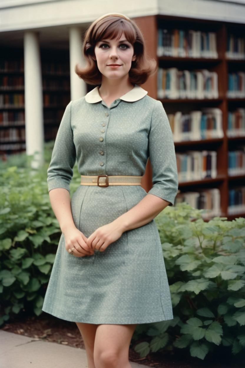 Artificial Intelligence (AI) generated image art, woman, realistic portrait, woman with brown hair, ((film photography)), ((1960s eyeliner)), ((library background)), beatnik, 1960s wearing a short dress. Highlight the dress