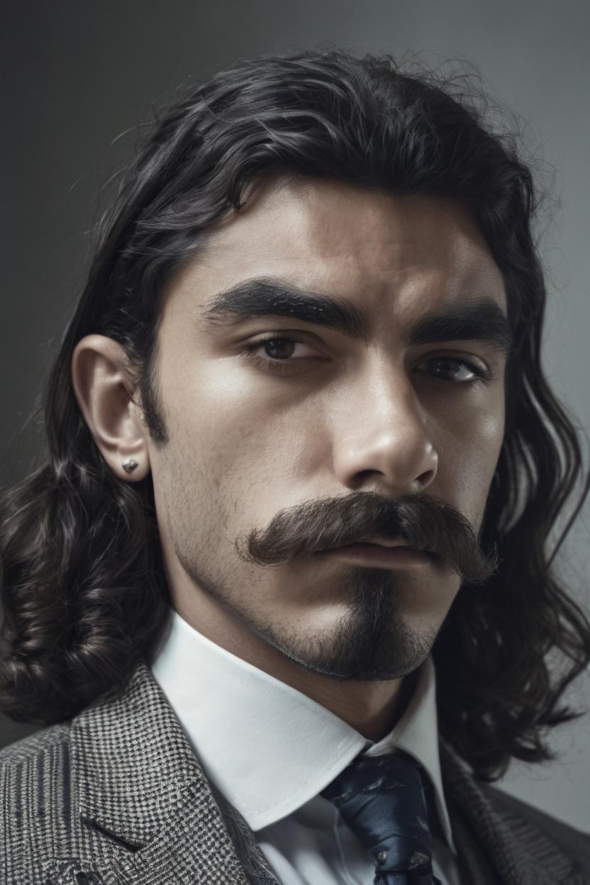 Artificial Intelligence (AI) generated image art, man, long hair and mustache, portrait, Shot on Hasselblad H6D-400c lens, copy Sisley Spring Summer 2014 campaign session with more of a vogue or fancy gentleman style clothes, ultra high definition, ultra-realism, ultra realistic,