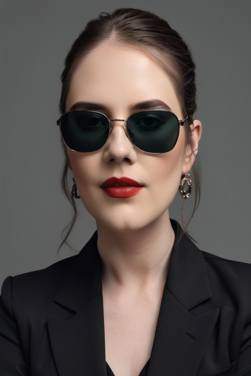Artificial Intelligence (AI) generated image art, woman, photo shoot realistic high fashion modeling photograph and pose, black suit shades and glasses for album cover
