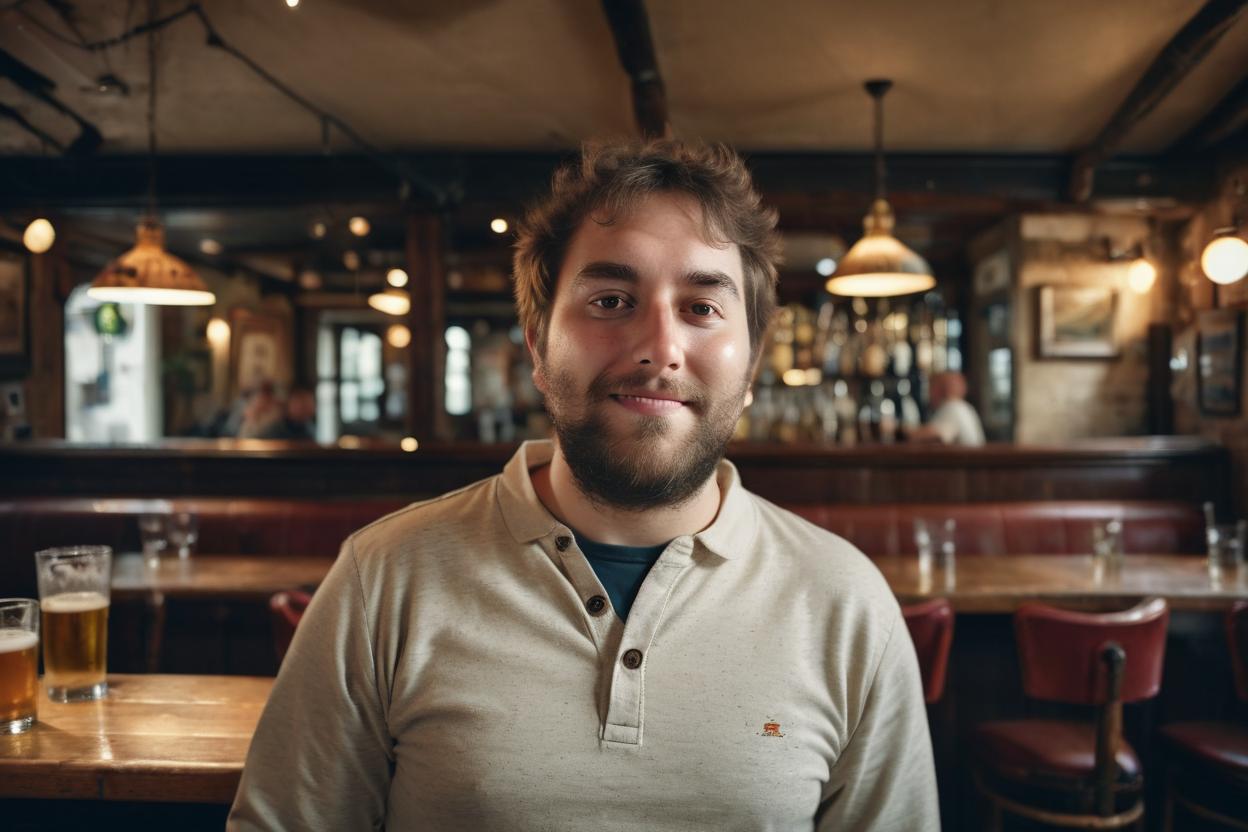 Artificial Intelligence (AI) generated image art, man, Wearing a Henley shirt in oatmeal, long sleeves, and a buttoned placket. Inside a cool pub, Shot on Hasselblad H6D-400c lens, ultra high definition, ultra-realism, ultra realistic, young, beautiful. Extremely detailed photograph, stunning quality, beautiful lighting, creating a masterpiece, award-winning photograph, cool and confident pose