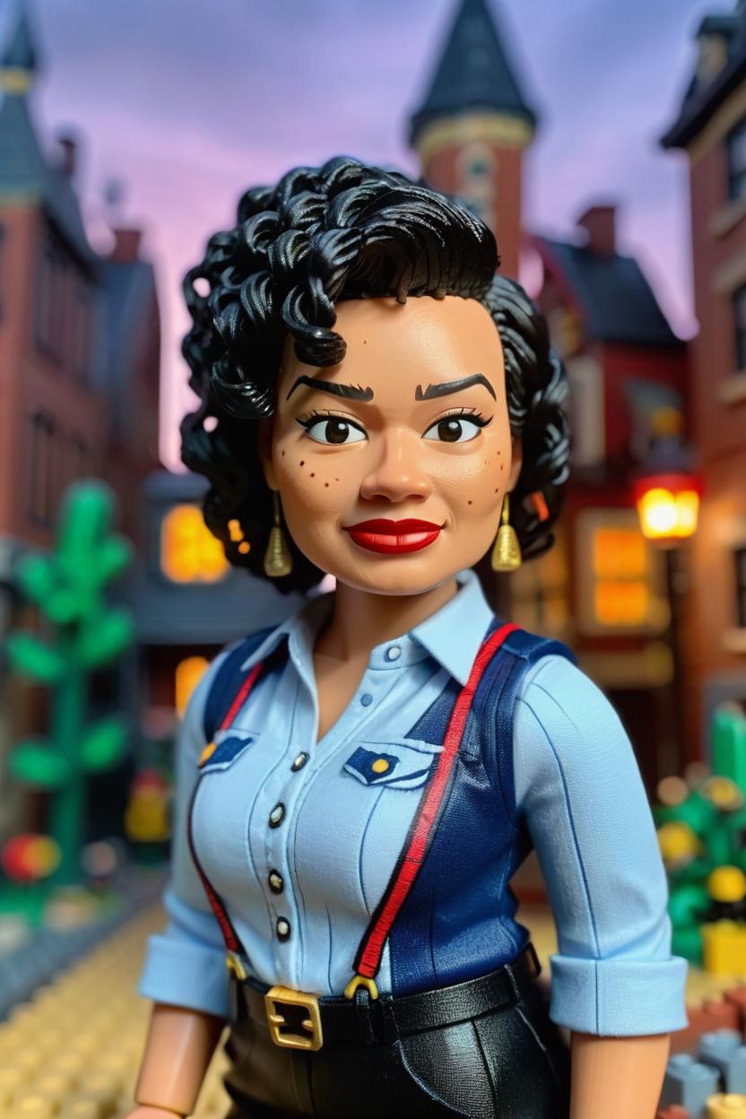 Artificial Intelligence (AI) generated image art, (((woman))), as a Lego figurine, hyper realistic, 8k, Lego city in the background, Bricksburg, dramatic lighting, vignette, in a feminine outfit