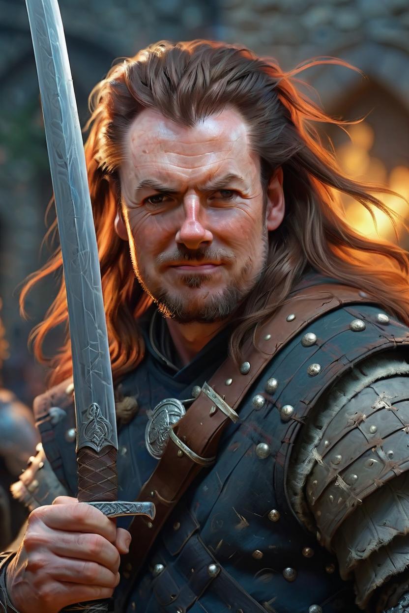 Artificial Intelligence (AI) generated image art, man, ((realistic)) majestic scottish warrior, braveheart, holding sword, 13th-century Scottish era, shoulder length long hair, ((portrait)), epic scene, epic light, battleground, intricate detailed, fellow warriors background, fine details, artstation, masterpiece
