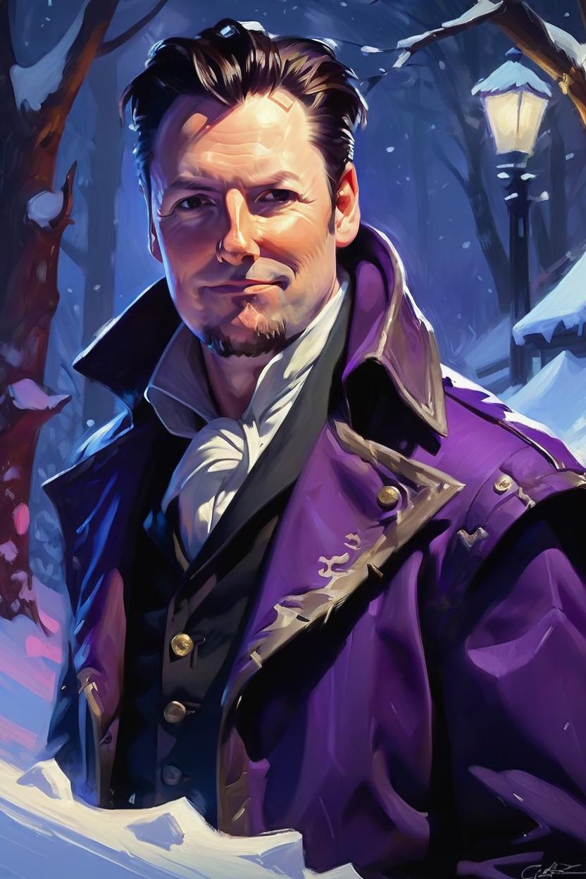 Artificial Intelligence (AI) generated image art, man, winter night, spotlight, greg manchess painting by sargent and leyendecker, fantasy, medium shot, asymmetrical, intricate, elegant, matte painting, illustration, hearthstone, by rhads, by greg rutkowski, by greg tocchini, by james gilleard, by joe fenton, purple tint