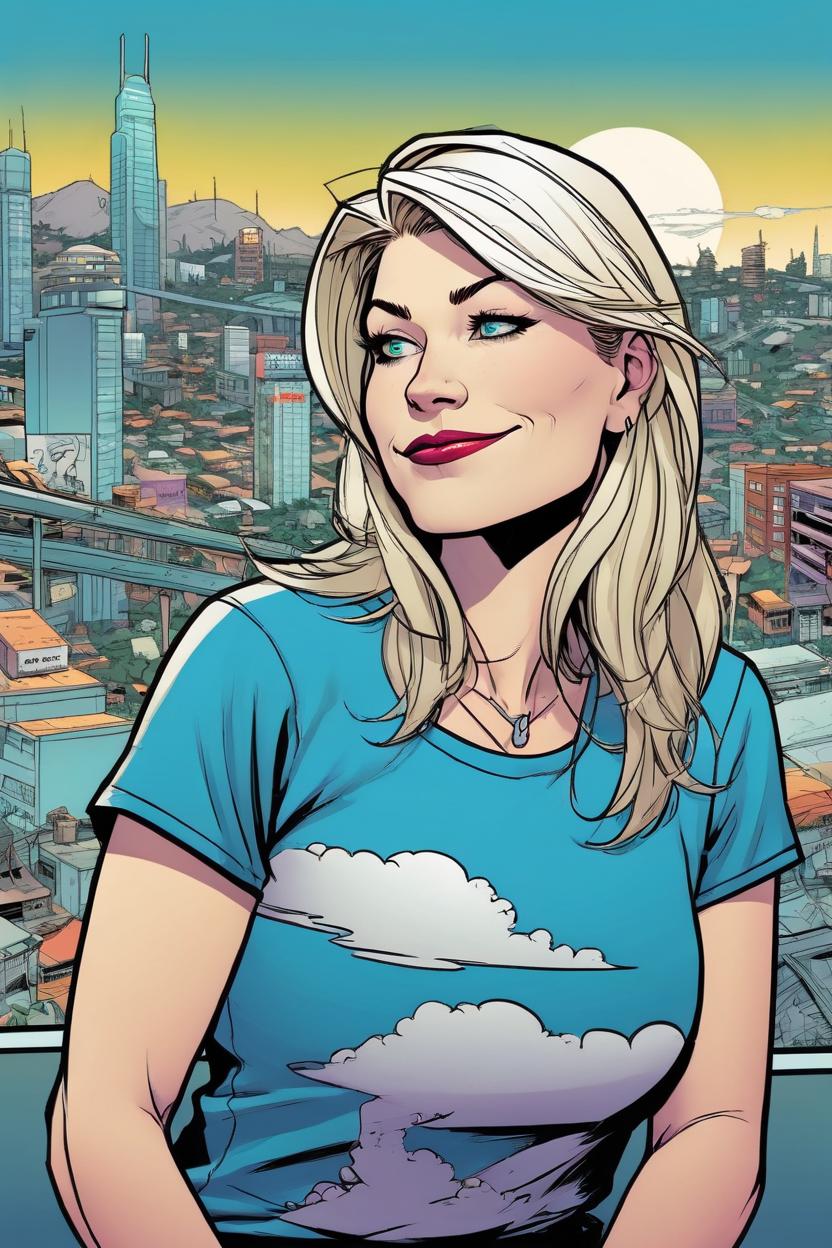 Artificial Intelligence (AI) generated image art, woman, beautiful female, (Jamie Hewlett comic book style), portrait, scifi city landscape, illustration, comics