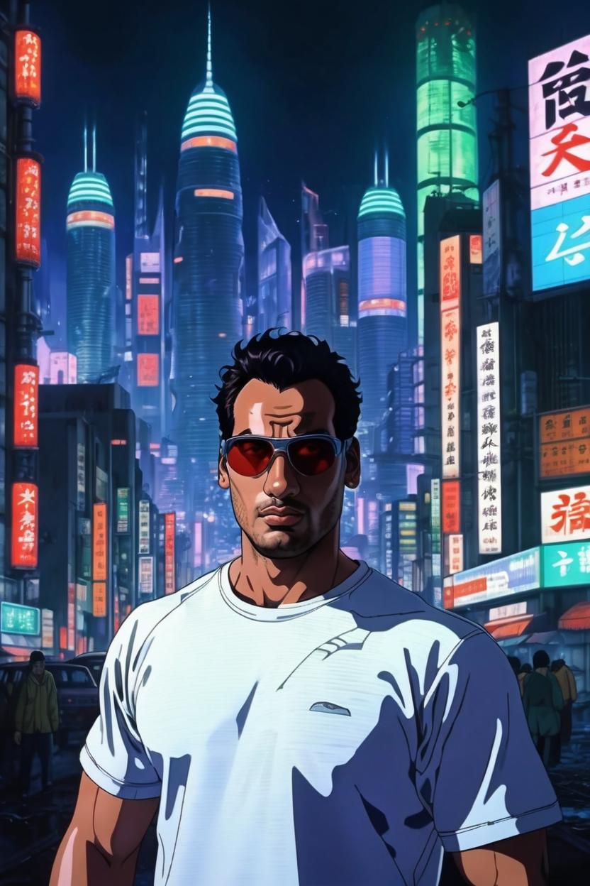 Artificial Intelligence (AI) generated image art, man, (ghost in the shell 1995 anime film), portrait, scifi city landscape, night, 90s anime style
