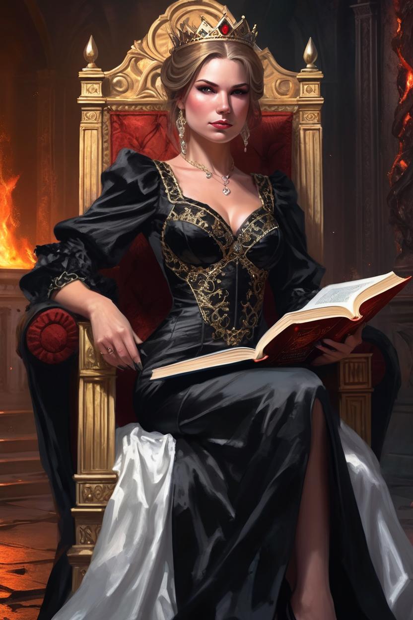 Artificial Intelligence (AI) generated image art, woman, ((portrait)), fantasy princess, digital art by greg rutkowski, in hell, on a throne, holding a book, reading, elegant dress, black clothing, stunning, beautiful, full body