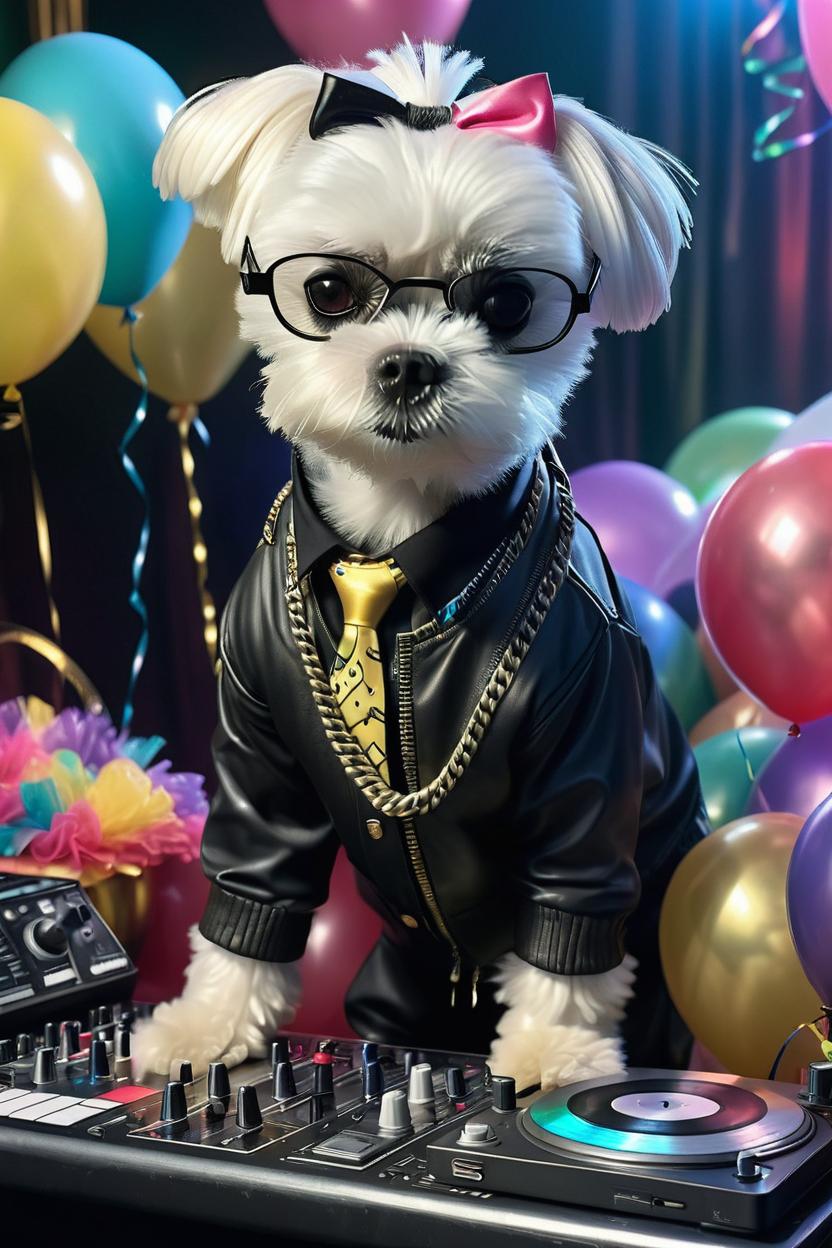 Artificial Intelligence (AI) generated image art, dog djing a HipHop dance party in a swanky nightclub with balloons & party decorations
