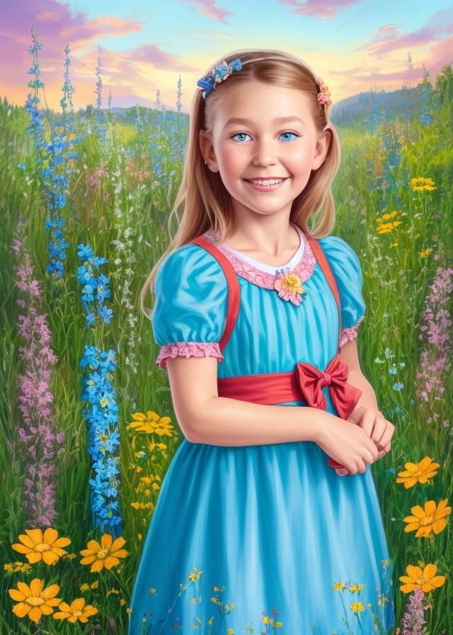 Artificial Intelligence (AI) generated image art, (person), ((portrait)), a beautiful sandy blonde haired (felicity) 9 year old girl with big blue eyes, highly detailed illustration, in a garden holding a bunch of colorful eye-catching wild flowers, forget me nots flowers, ferns and fiddlesticks ferns dot the meadow around her, deep focus, purity, innocence, intricate, elegant, highly detailed, digital painting, artstation, concept art, sunset, matte, sharp focus, illustration, hearthstone, art by artgerm and greg rutkowski and alphonse mucha and marco mazzoni, vibrant colors, orange, pink, yellow, blue, green, purple, red, wildflowers in the meadow, (felicity) is wearing a light blue dress with pink silk ribbons on the skirt of her dress, beautiful girl (felicity is happy)
