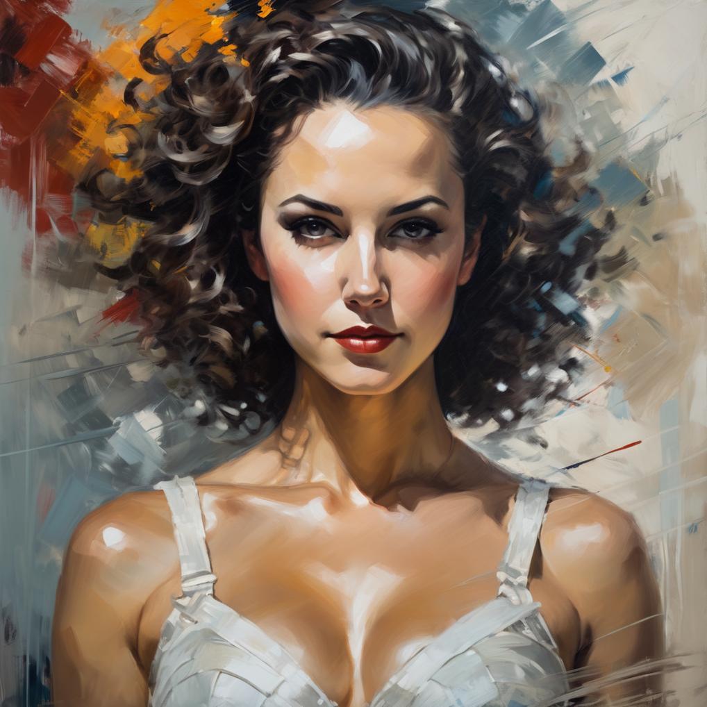 Artificial Intelligence (AI) generated image art, woman, a beautiful female, portrait and torso, (free space above head), wide brush strokes like in an oil painting, Alejandro Burdisio, handsome Houdini poster, Masterpiece