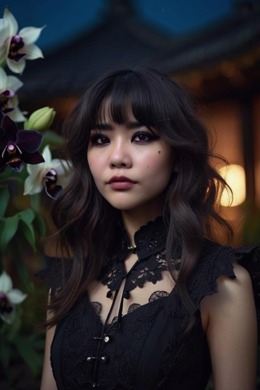 Artificial Intelligence (AI) generated image art, woman, long black layered shag haircut, dark brown eyes, pouty lips, portrait, plain black lace dress, primordial goddess, in the dark garden of Eden filled with black Bat Orchid flower Black Hellebore flowers and black Tulips, Hyperrealistic, full body shot of showing detailed intricate work, meticulous attention, stunning costume design, smooth natural skin, full body photo, mole on the right cheek, shot in the style of Wes Anderson, Mysterious and seductive atmosphere, nighttime, night shot, the wind blowing through hair, a sad smile, looking up at the moon
