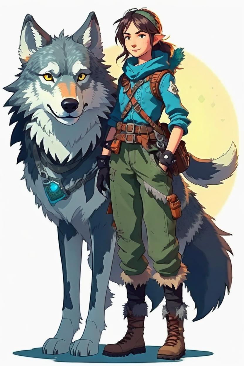 Artificial Intelligence (AI) generated image art, woman, As a rugged fantasy ranger with a pet wolf, evening light, in the style of studio ghibli