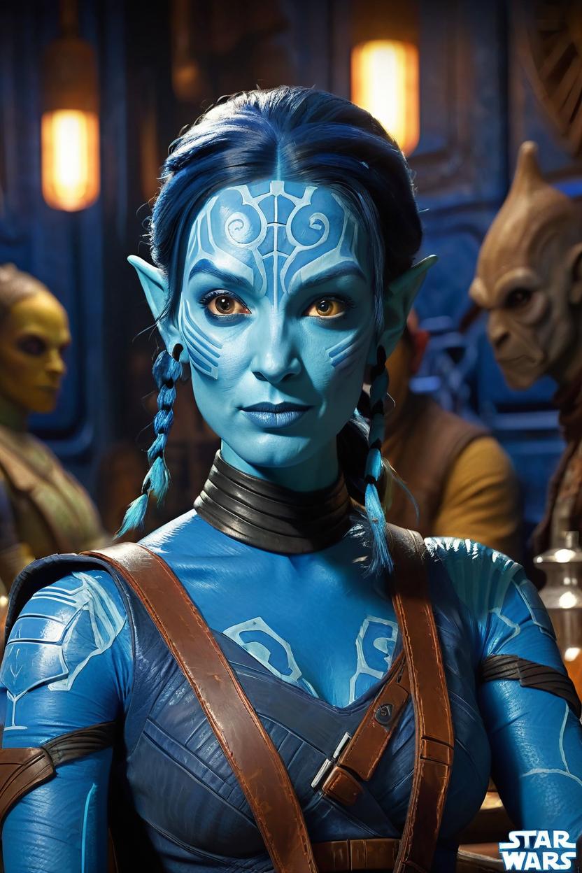Artificial Intelligence (AI) generated image art, woman as ((Aayla Secura)), female (((twilek))), star wars, portrait, set in Mos Eisley cantina, blue skin, two lekku, clone wars art by Genndy Tartakovksy, illustration, star wars movie poster, by Greg Rutkowski, cinematic dimly lit background lighting, 8k, sharp focus