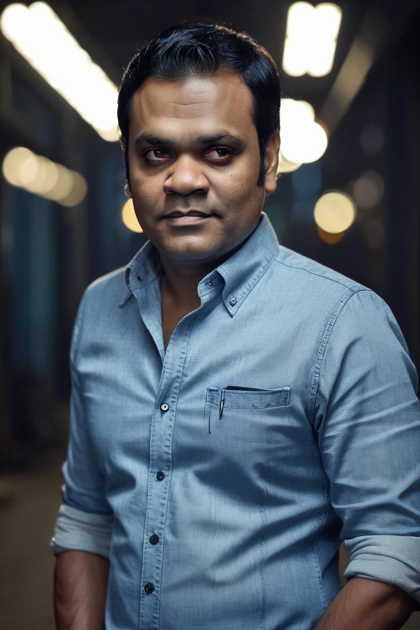 Artificial Intelligence (AI) generated image art, man in jeans and an unbuttoned button up shirt, sleeves rolled, undershirt, business but casual, cover photo for Forbes magazine, looking away from camera, photorealistic, cinematic lighting, rugged business man, dark background, bokeh