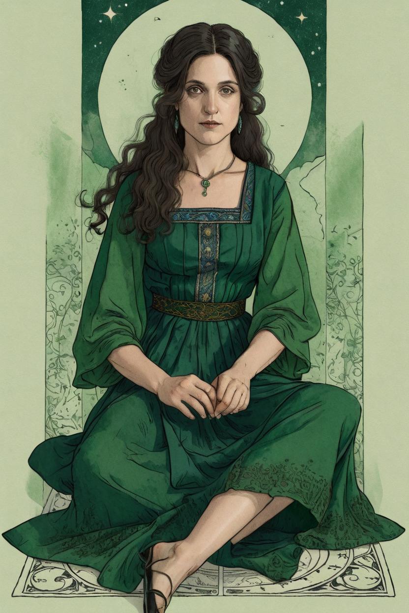 Artificial Intelligence (AI) generated image art, woman, illustration, a tarot card drawing sitting, wearing green dress, long hair, elegant, mystical, artwork