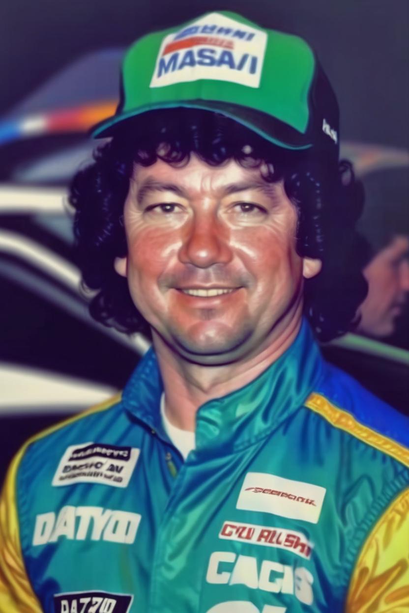 Artificial Intelligence (AI) generated image art, man, is a 44 year old man , dressed in 1970s fashion clothing, he has short black curly hair under his Nascar racing hat, a metallic blue 1972 Datsun 240 z race car behind him, digital art, art by Greg Rutkowski, highly detailed, sharp focus, 4k, realistic portrait of man, colorful, vibrant colors, a dark green and black forest is behind him, cool guy